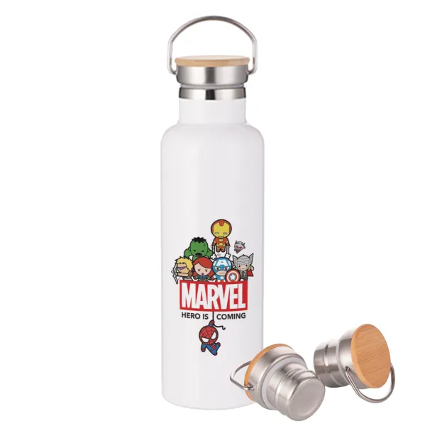MARVEL — Μεταλλικό παγούρι θερμός (Stainless steel) Λευκό με ξύλινο καπάκι (bamboo), διπλού τοιχώματος, 750ml