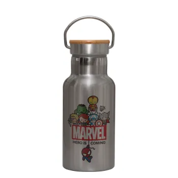 MARVEL, Μεταλλικό παγούρι θερμός (Stainless steel) Ασημένιο με ξύλινο καπακι (bamboo), διπλού τοιχώματος, 350ml