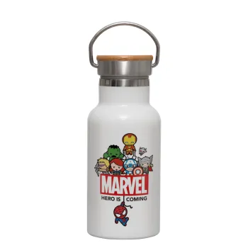 MARVEL, Metallic thermos (Stainless steel) White with wooden lid (bamboo), double-walled, 350ml
