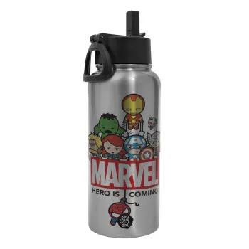 MARVEL, Metal mug thermo Silver with Straw and Spout Lid (Stainless steel), double wall, 950ml