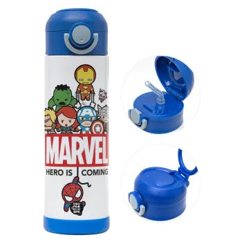 MARVEL, Παιδικό παγούρι θερμό, ανοξείδωτο, με καλαμάκι ασφαλείας, ΜΠΛΕ (500ml)