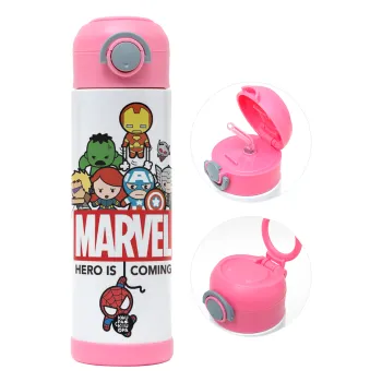 MARVEL, Παιδικό παγούρι θερμό, ανοξείδωτο, με καλαμάκι ασφαλείας, ΡΟΖ (500ml)