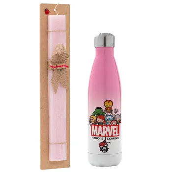 MARVEL, Easter Set, Metallic pink/white (Stainless steel) thermos, double-walled, 500ml & aromatic flat Easter candle (30cm) (PINK)