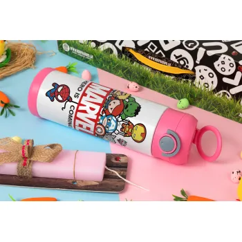 MARVEL, Πασχαλινή Λαμπάδα με Παιδικό παγούρι θερμό, ανοξείδωτο, με καλαμάκι ασφαλείας, ΡΟΖ (500ml)