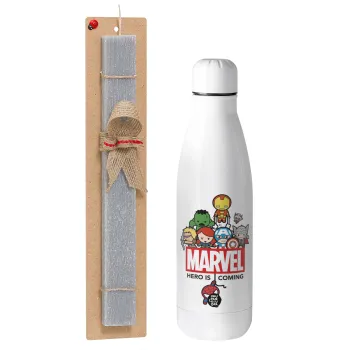 MARVEL, Easter Set, metallic stainless thermos bottle (500ml) & scented flat Easter candle (30cm) (GRAY)