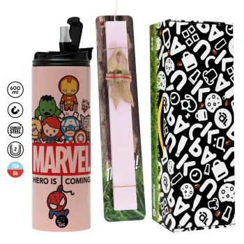 MARVEL, Πασχαλινή Λαμπάδα με  ΡΟΖ Travel Tumbler θερμό (600ml, BPA free) & κερί αρωματικό πλακέ (30cm) (ΡΟΖ)