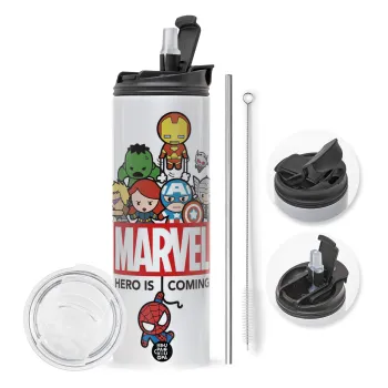 MARVEL, Travel Tumbler θερμό με διπλό καπάκι, μεταλλικό καλαμάκι και βούρτσα καθαρισμού (Ανωξείδωτο 304 Food grade, BPA free, 600ml)