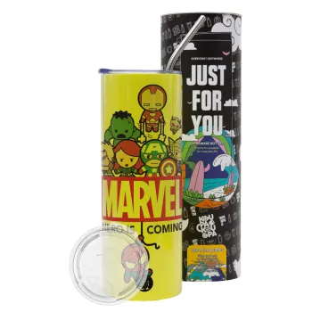 MARVEL, Neon Yellow Travel Tumbler θερμό, μεταλλικό καλαμάκι(Ανωξείδωτο 304 Food grade, BPA free, 600ml)