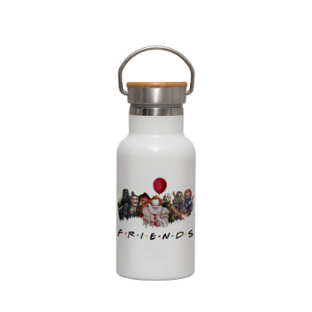 Halloween Friends, Metallic thermos (Stainless steel) White with wooden lid (bamboo), double-walled, 350ml