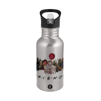 Halloween Friends, Water bottle Silver with straw, stainless steel 500ml
