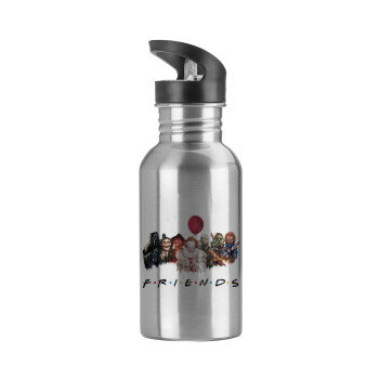 Halloween Friends, Water bottle Silver with straw, stainless steel 600ml