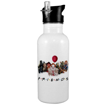 Halloween Friends, White water bottle with straw, stainless steel 600ml
