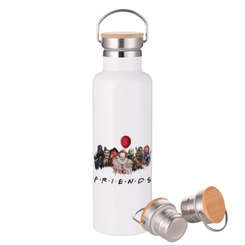 Halloween Friends, Stainless steel White with wooden lid (bamboo), double wall, 750ml