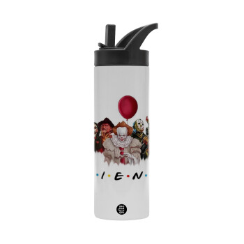 Halloween Friends, Metallic thermos bottle with straw & handle, stainless steel (Stainless steel 304), double-walled, 600ml.