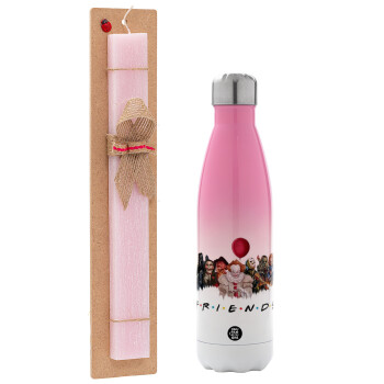 Halloween Friends, Easter Set, Metallic pink/white (Stainless steel) thermos, double-walled, 500ml & aromatic flat Easter candle (30cm) (PINK)