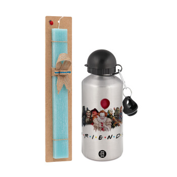 Halloween Friends, Easter Set, metallic silver aluminum water bottle (500ml) & scented flat Easter candle (30cm) (TURQUOISE)