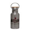 Stainless steel metallic thermos flask, silver with a bamboo lid, double-walled, 350ml.