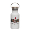 Metallic thermos (Stainless steel) White with wooden lid (bamboo), double-walled, 350ml