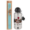 Easter Set, metallic silver aluminum water bottle (500ml) & scented flat Easter candle (30cm) (TURQUOISE)