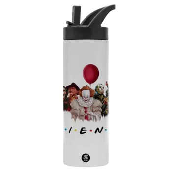 Halloween Friends, Μεταλλικό παγούρι θερμός με καλαμάκι & χειρολαβή, ανοξείδωτο ατσάλι (Stainless steel 304), διπλού τοιχώματος, 600ml