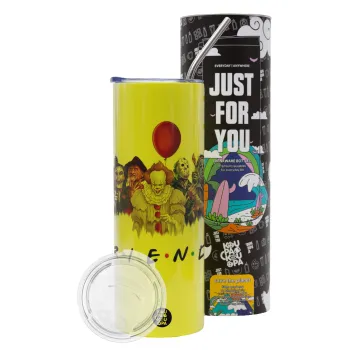 Halloween Friends, Neon Yellow Travel Tumbler θερμό, μεταλλικό καλαμάκι(Ανωξείδωτο 304 Food grade, BPA free, 600ml)