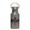 Stainless steel metallic thermos flask, silver with a bamboo lid, double-walled, 350ml.