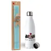 Easter Set, metallic stainless steel water bottle (750ml) & aromatic flat Easter candle (30cm) (TURQUOISE)