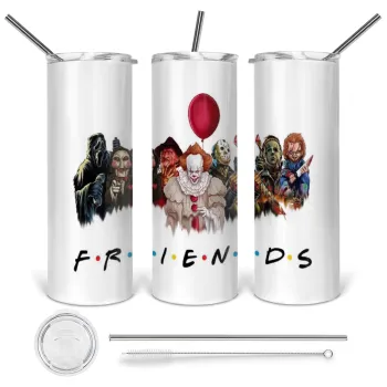Halloween Friends, Tumbler ποτήρι θερμό από ανοξείδωτο ατσάλι 600ml, με μεταλλικό καλαμάκι & βούρτσα καθαρισμού