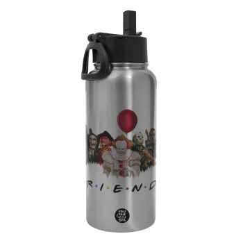 Halloween Friends, Μεταλλικό παγούρι θερμός Silver με καλαμάκι και χερούλι (Stainless steel), διπλού τοιχώματος, 950ml