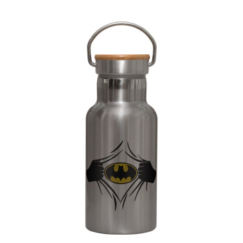 Hero batman, Μεταλλικό παγούρι θερμός (Stainless steel) Ασημένιο με ξύλινο καπακι (bamboo), διπλού τοιχώματος, 350ml