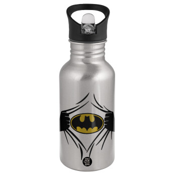 Hero batman, Water bottle Silver with straw, stainless steel 500ml