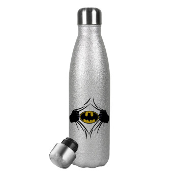 Hero batman, Μεταλλικό παγούρι θερμός Glitter Aσημένιο (Stainless steel), διπλού τοιχώματος, 500ml