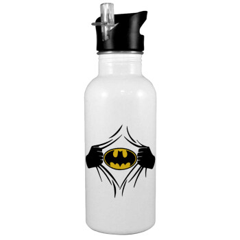 Hero batman, Παγούρι νερού Λευκό με καλαμάκι, ανοξείδωτο ατσάλι 600ml