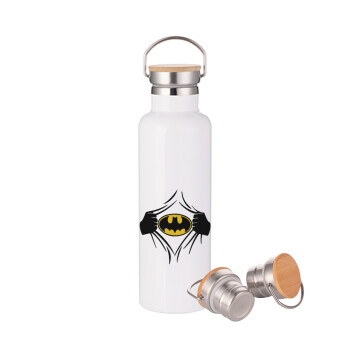 Hero batman, Μεταλλικό παγούρι θερμός (Stainless steel) Λευκό με ξύλινο καπάκι (bamboo), διπλού τοιχώματος, 750ml