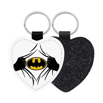 Hero batman, Μπρελόκ PU δερμάτινο glitter καρδιά ΜΑΥΡΟ