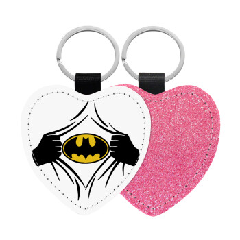 Hero batman, Μπρελόκ PU δερμάτινο glitter καρδιά ΡΟΖ