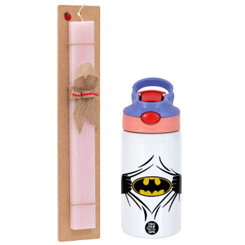 Hero batman, Πασχαλινό Σετ, Παιδικό παγούρι θερμό, ανοξείδωτο, με καλαμάκι ασφαλείας, ροζ/μωβ (350ml) & πασχαλινή λαμπάδα αρωματική πλακέ (30cm) (ΡΟΖ)