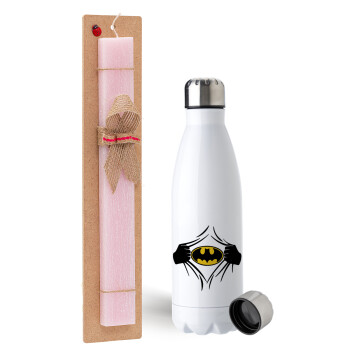 Hero batman, Easter Set, metallic stainless steel water bottle (750ml) & scented flat Easter candle (30cm) (PINK)