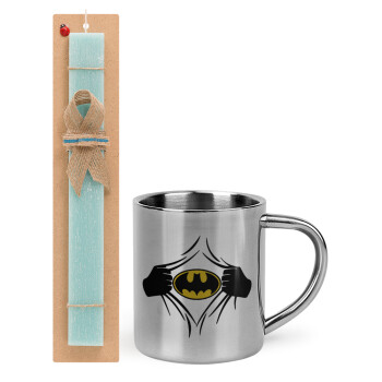 Hero batman, Πασχαλινό Σετ, μεταλλική κούπα θερμό (300ml) & πασχαλινή λαμπάδα αρωματική πλακέ (30cm) (ΤΙΡΚΟΥΑΖ)