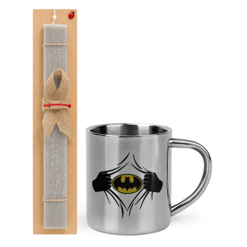 Hero batman, Πασχαλινό Σετ, μεταλλική κούπα θερμό (300ml) & πασχαλινή λαμπάδα αρωματική πλακέ (30cm) (ΓΚΡΙ)