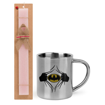 Hero batman, Πασχαλινό Σετ, μεταλλική κούπα θερμό (300ml) & πασχαλινή λαμπάδα αρωματική πλακέ (30cm) (ΡΟΖ)