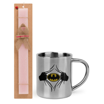 Hero batman, Easter Set, metallic thermal cup (300ml) & aromatic flat Easter candle (30cm) (PINK)