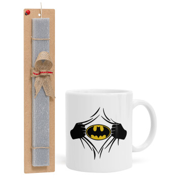 Hero batman, Πασχαλινό Σετ, Κούπα κεραμική (330ml) & πασχαλινή λαμπάδα αρωματική πλακέ (30cm) (ΓΚΡΙ)