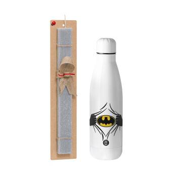 Hero batman, Πασχαλινό Σετ, μεταλλικό παγούρι Inox (700ml) & πασχαλινή λαμπάδα αρωματική πλακέ (30cm) (ΓΚΡΙ)