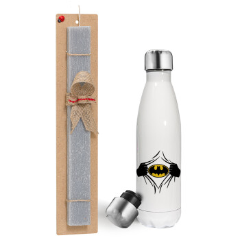 Hero batman, Πασχαλινή λαμπάδα, μεταλλικό παγούρι θερμός λευκός (500ml) & λαμπάδα αρωματική πλακέ (30cm) (ΓΚΡΙ)
