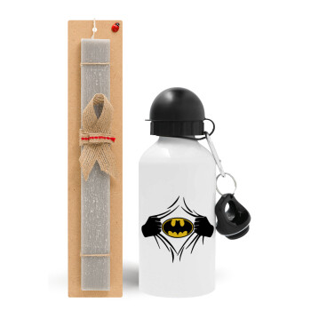 Hero batman, Πασχαλινό Σετ, παγούρι μεταλλικό  αλουμινίου (500ml) & πασχαλινή λαμπάδα αρωματική πλακέ (30cm) (ΓΚΡΙ)