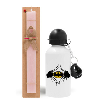 Hero batman, Πασχαλινό Σετ, παγούρι μεταλλικό αλουμινίου (500ml) & πασχαλινή λαμπάδα αρωματική πλακέ (30cm) (ΡΟΖ)