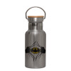 Stainless steel metallic thermos flask, silver with a bamboo lid, double-walled, 350ml.