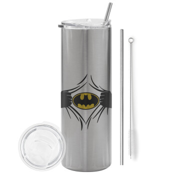 Hero batman, Eco friendly stainless steel Silver tumbler 600ml, with metal straw & cleaning brush