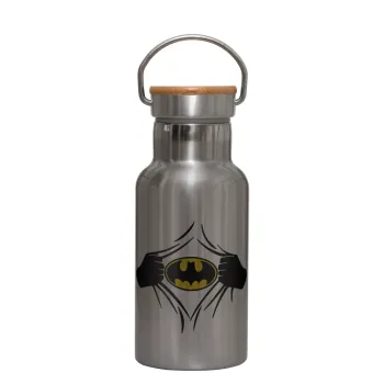 Hero batman, Μεταλλικό παγούρι θερμός (Stainless steel) Ασημένιο με ξύλινο καπακι (bamboo), διπλού τοιχώματος, 350ml